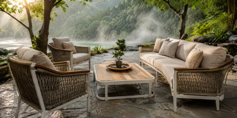 A premium outdoor patio furniture set featuring weather-resistant sofas arranged near a misty resort poolside.