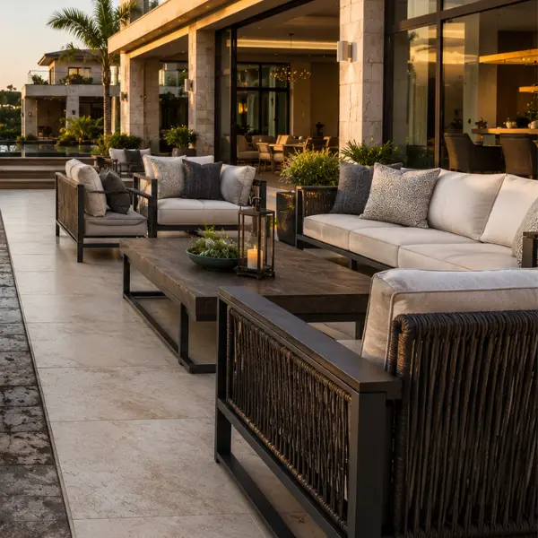 A luxury patio dining set for resorts featuring fade-resistant cushions and powder-coated frames.