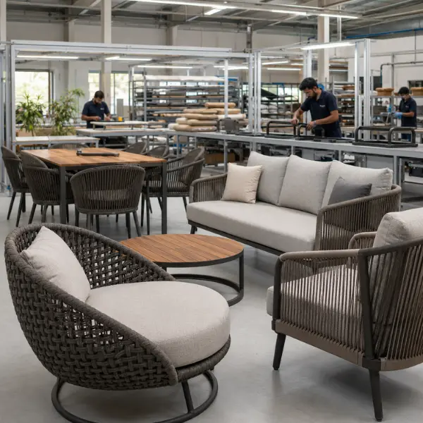 Luxury white waterfront patio lounge furniture setup on a modern terrace.
