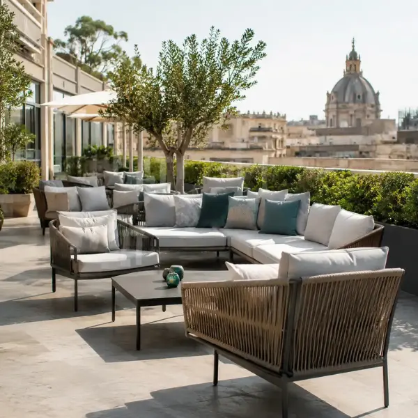 Modular outdoor terrace sofa and seating arrangement manufactured by Craftnika for B2B hotel projects in India