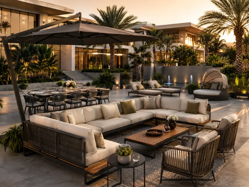 A luxurious premium villa patio furniture set arranged on a modern outdoor terrace in Hyderabad.