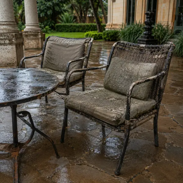 UV-resistant outdoor sofa set with plush cushions in a resort garden.