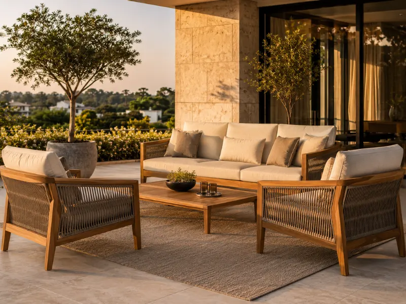 Luxury teak wood rope weaving outdoor lounge set for modern villas and terraces in GK & Defence Colony Delhi