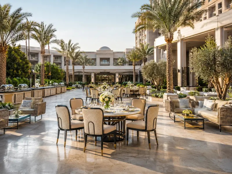Luxury wedding banquet furniture arrangement with elegant seating and dining tables