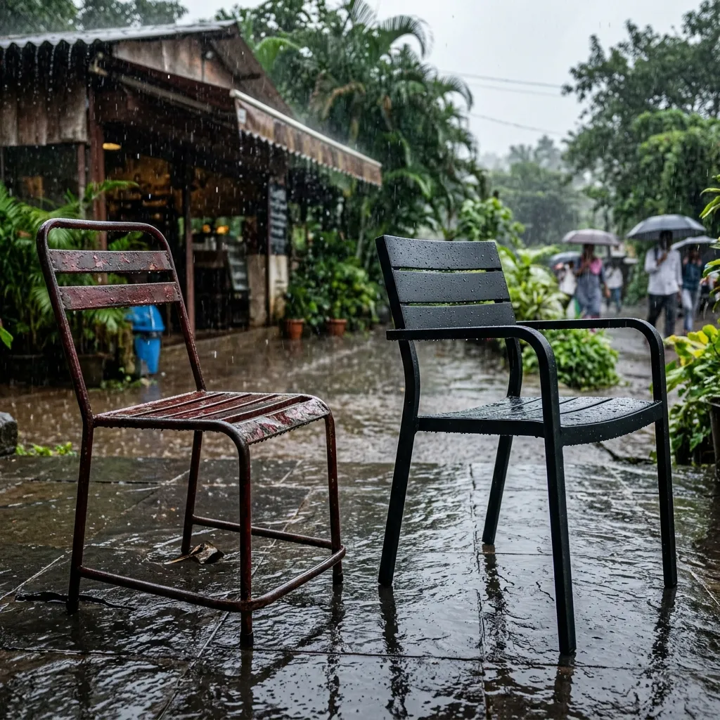 A rusted and broken retail cafe chair highlighting the failure of cheap furniture in Lonavala harsh monsoon climate