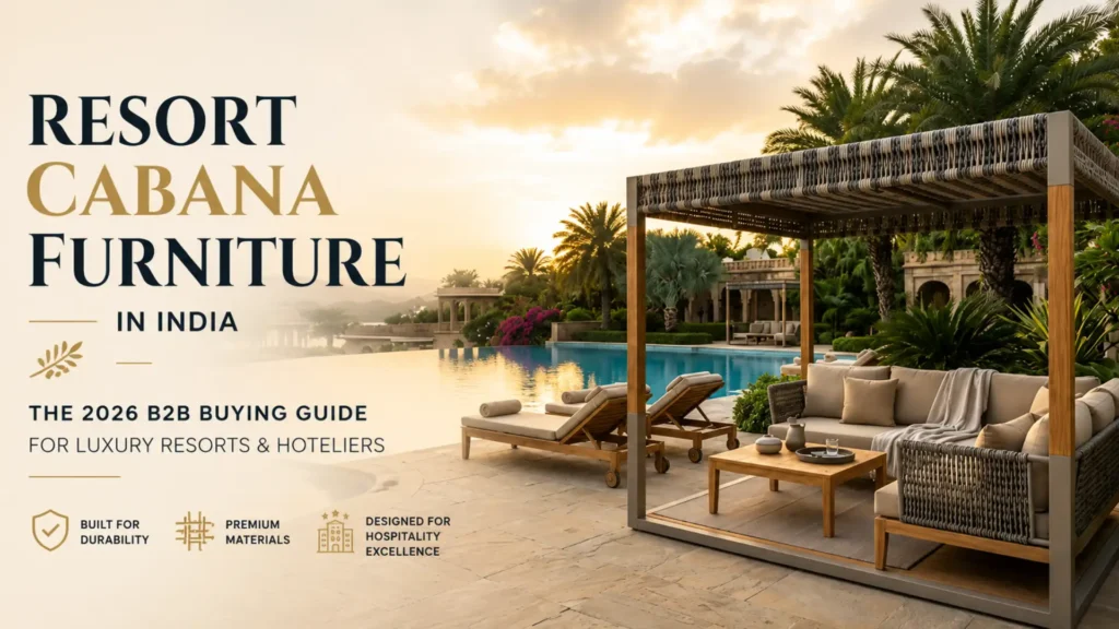 Luxury resort cabana furniture beside an infinity pool in India featuring premium outdoor aluminum and rope furniture for hotels and resorts.
