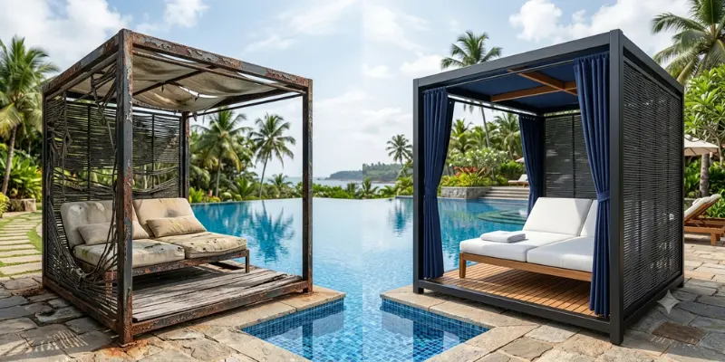 Comparison of low-quality and premium resort cabana furniture showing durability differences in a luxury poolside resort environment.