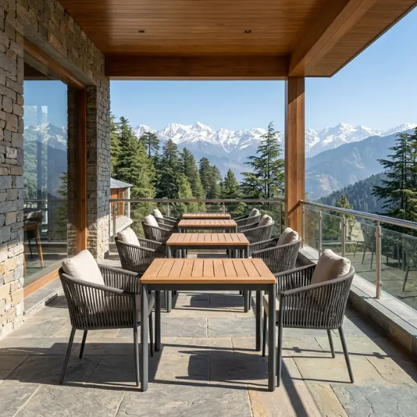 Guests enjoying alfresco mountain-view cafe furniture in Shimla.