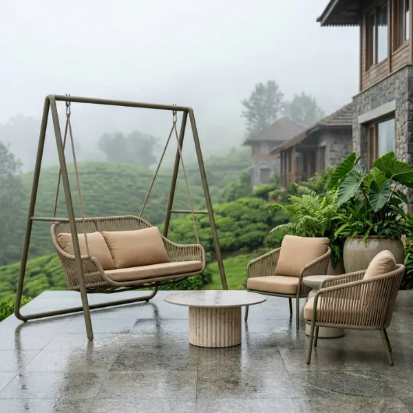 Anti-mould resort furniture engineered specifically for Munnar's high-humidity tea estate climate.
