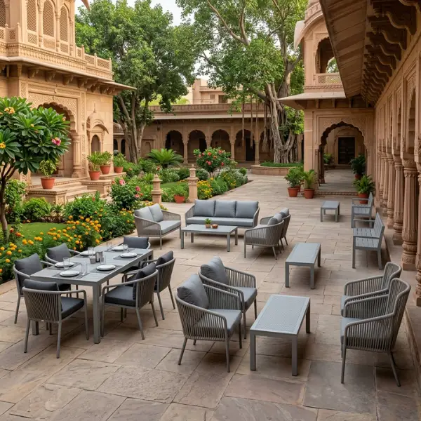 Weather-resistant outdoor courtyard sofa set and dining tables manufactured by Ashram Furniture Manufacturer Vrindavan for pilgrim guest houses.