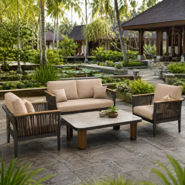 Serene ayurvedic retreat outdoor furniture setup in Kochi, featuring eco-friendly wooden loungers and breathable cotton cushions.