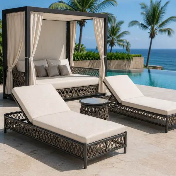 B2B hospitality patio sets factory providing direct bulk manufacturing for coastal boutique resorts.