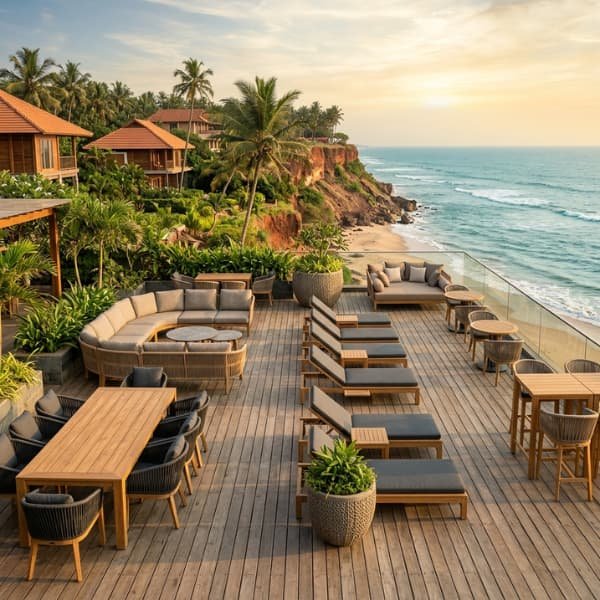 Rust-proof beach resort outdoor furniture in Varkala featuring weather-resistant materials for coastal hotel seating.