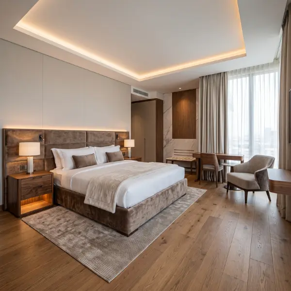Designer hotel room packages including upholstered headboards and luxury accent chairs.