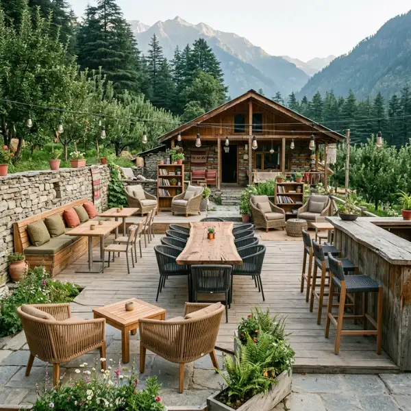 Bohemian cafe furniture with marine-grade aluminium frame for Old Manali riverside cafes.