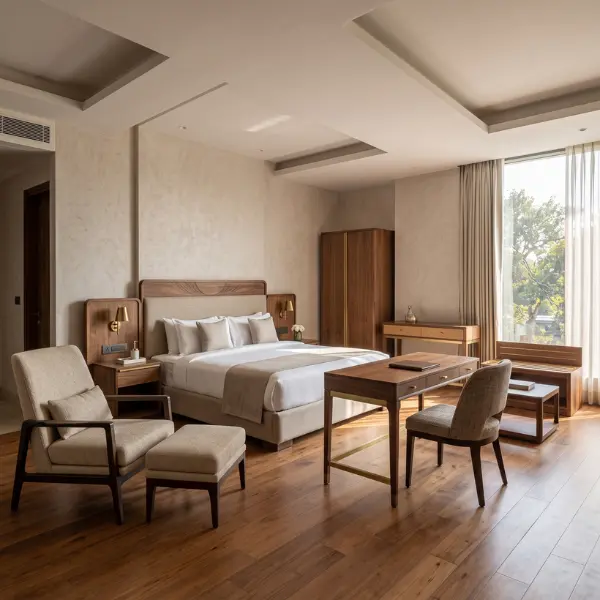 Bespoke boutique hotel furniture manufactured in India, featuring custom solid wood beds and headboards.