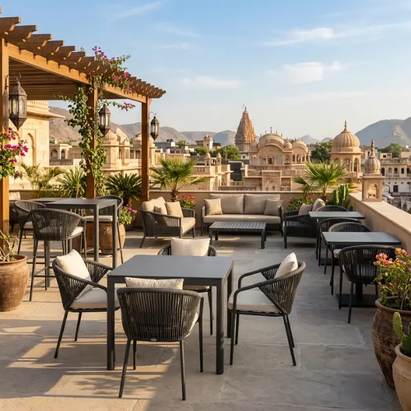 Custom made outdoor cafe seating set engineered by leading Cafe Furniture Supplier Pushkar for lakeside and rooftop restaurants.