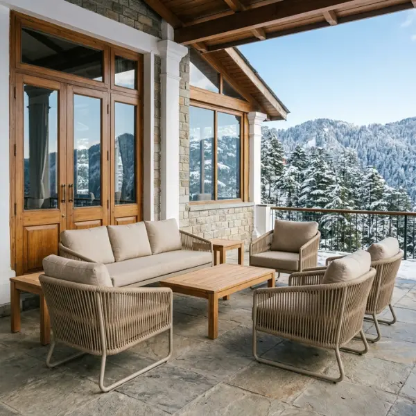 Premium classic Shimla hotel outdoor seating designed for luxury heritage resorts and boutique hotels.