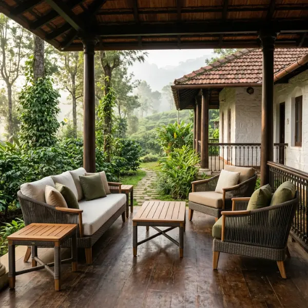 Exquisite colonial-style furniture designed specifically for coffee estate bungalows and luxury resorts in Wayanad.