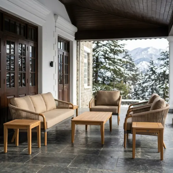 Classic colonial heritage hotel outdoor furniture placed on a patio in Shimla.