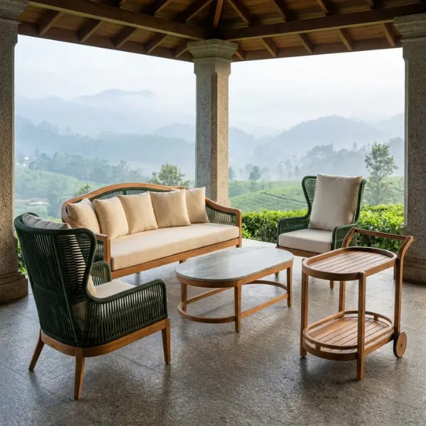 Classic colonial style outdoor seating for Kerala tea garden resorts and heritage properties.