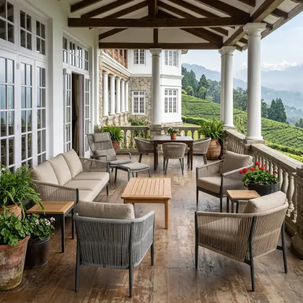 Premium Colonial Tea Planter's Bungalow furniture crafted for Darjeeling tea estates, featuring durable all-weather wicker designed for heritage resorts.