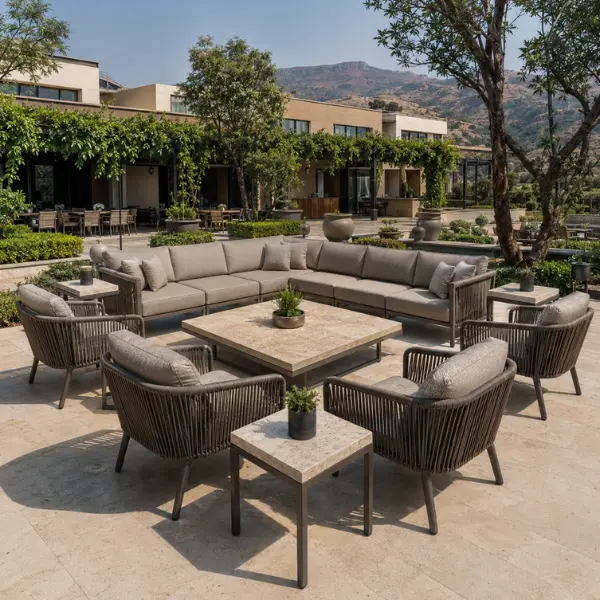 Custom-built outdoor cafe furniture designed for commercial alfresco seating in Nashik