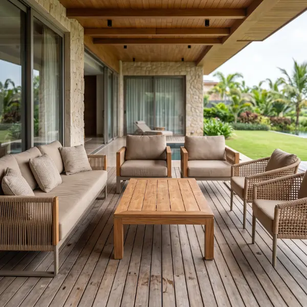 All-weather commercial deck seating made from rust-proof aluminium and UV wicker for outdoor patios.