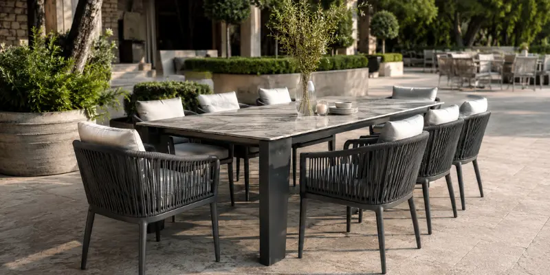 High-quality dining sets from a commercial outdoor dining furniture manufacturer designed for cafes and resorts