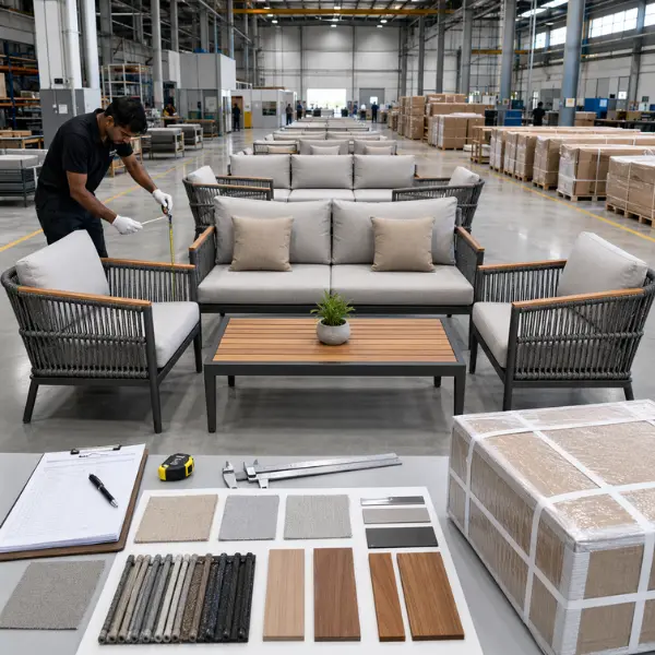 Commercial-grade outdoor lounge seating arrangement with waterproof cushions for hotel terraces.