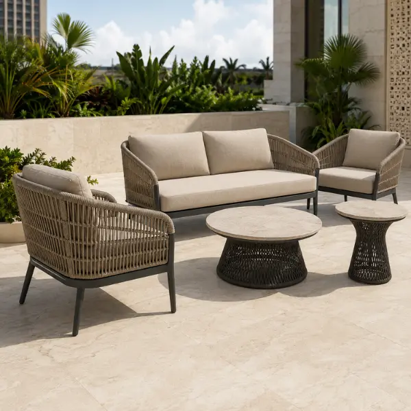 Durable commercial outdoor seating arranged at a 5-star hotel garden in Agra.