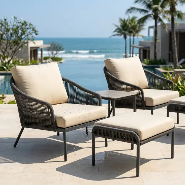 A bulk setup of commercial poolside seating and patio tables for a luxury hotel in Vizag, supplied at factory-direct wholesale prices.