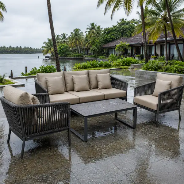 Elegant commercial poolside dining sets designed for waterfront hotels, featuring rust-proof aluminum frames and UV-resistant fabric.