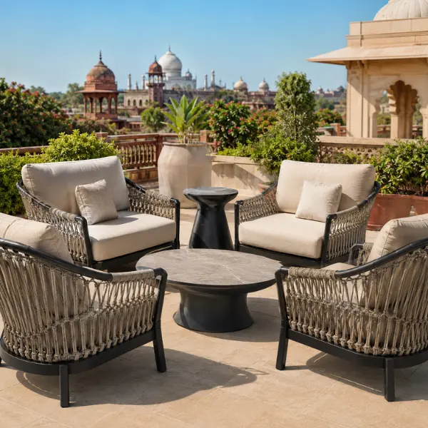 Durable commercial poolside furniture built for extreme summer temperatures in North India.