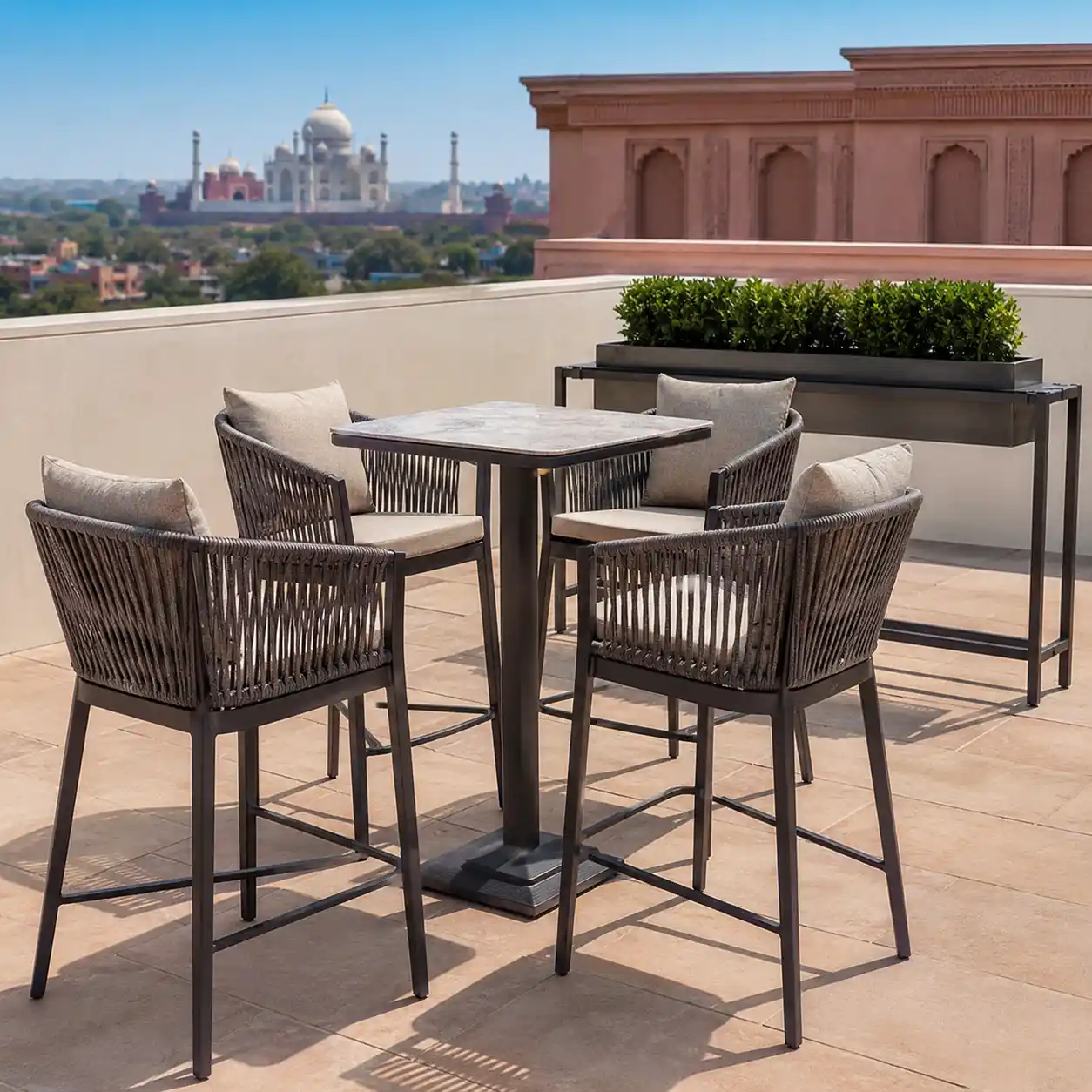 Commercial terrace dining furniture designed with marine-grade aluminium and UV-proof wicker.