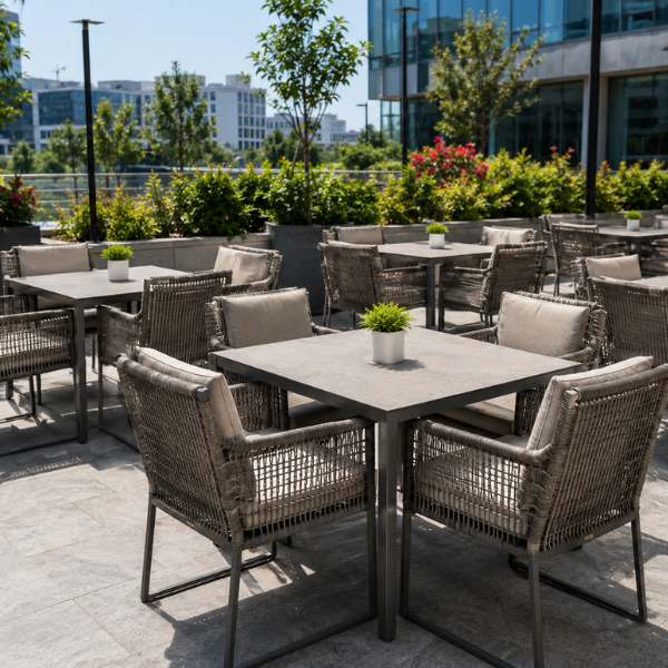 Corporate outdoor lounge seating area at an office park in Chennai