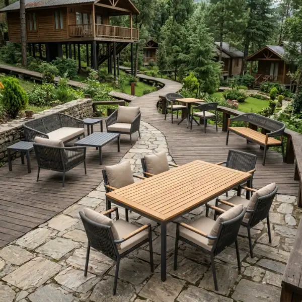 Weather-proof balcony furniture for cottage resorts in Nainital, custom manufactured in India.