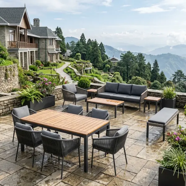 Custom outdoor seating built to survive freeze-thaw winters at high-altitude Darjeeling resorts.