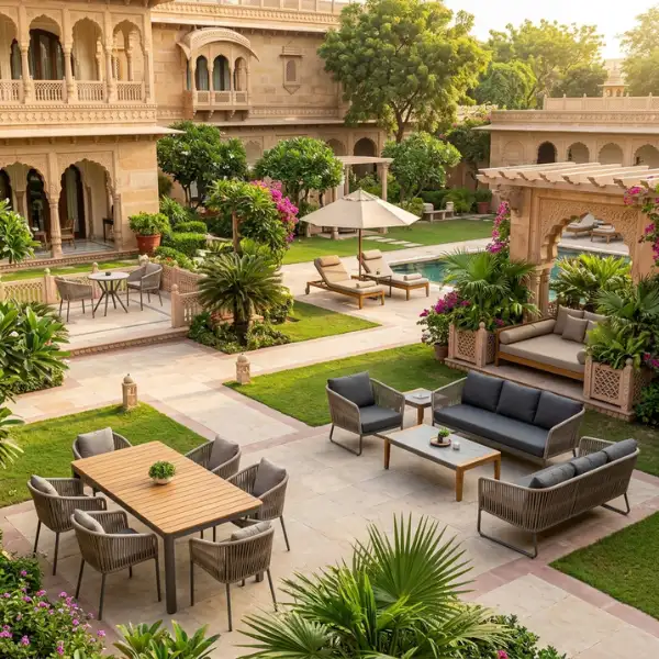 Custom hospitality furniture for guestroom balconies in Amritsar featuring rust-proof frames.