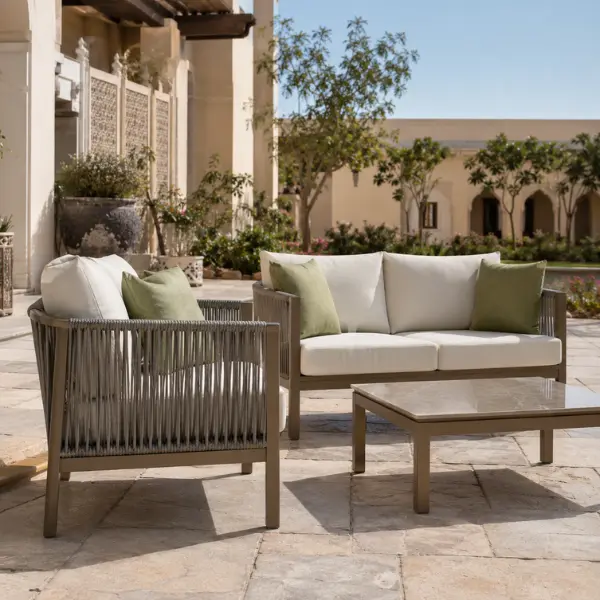Bespoke weather-resistant outdoor furniture installed at a luxury boutique hotel