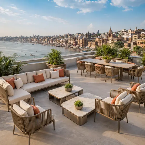 Custom rust-proof outdoor seating installed at a rooftop restaurant in Varanasi