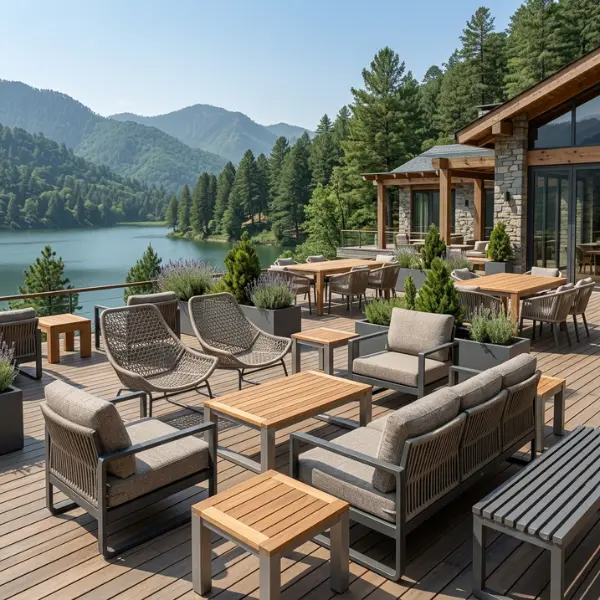 Weatherproof outdoor co-working furniture for resorts in the Kumaon hills, custom-made by Craftnika.