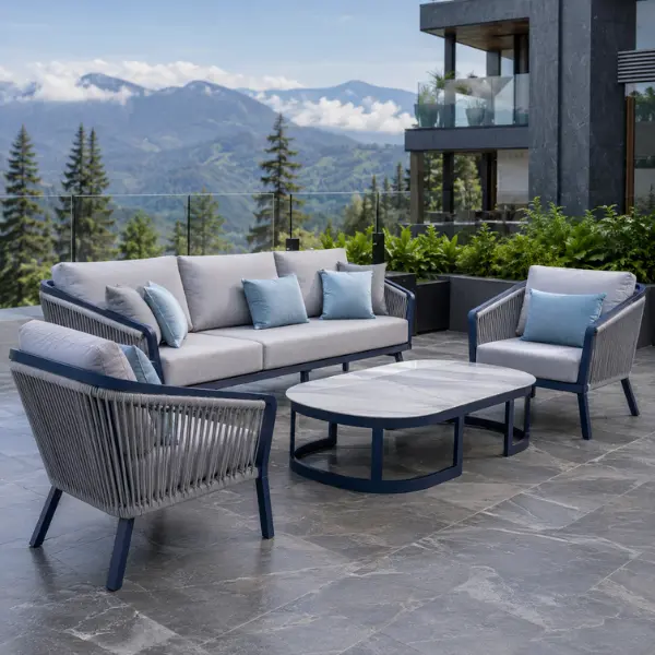 Custom marine-grade aluminium outdoor dining furniture for a restaurant in Mussoorie