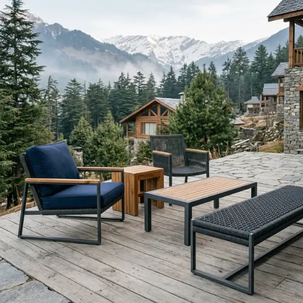 Custom outdoor seating for Manali homestays placed on a scenic wooden deck