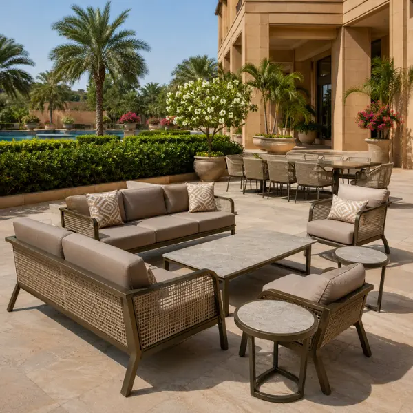 Custom rust-proof outdoor dining furniture installed at a luxury property in Ayodhya