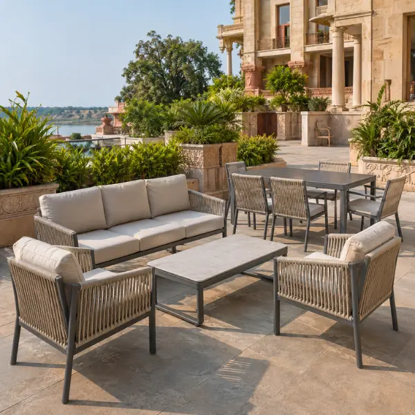Custom rust-proof outdoor dining sets installed at a luxury resort in Prayagraj