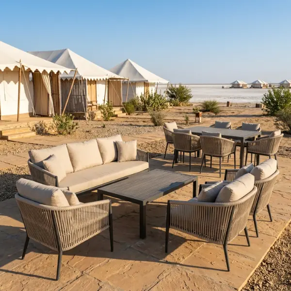 Custom outdoor seating set engineered by leading Desert Camp Furniture Manufacturer Kutch for luxury tent resorts and glamping sites.