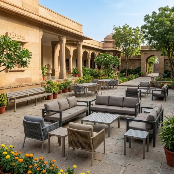 Weather-resistant outdoor courtyard sofa set and dining tables manufactured by Dharamshala Furniture Supplier Shirdi for pilgrim guest houses.