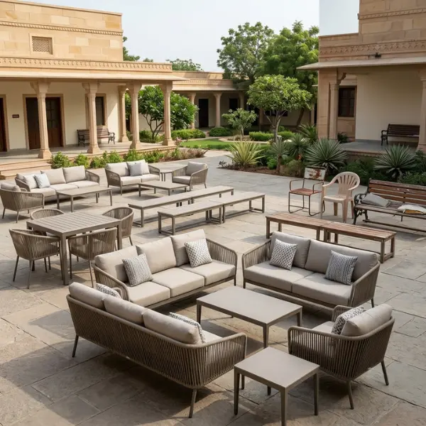 Durable aluminium frame sectional sofas, armchairs, and long waiting benches placed in a Shirdi dharamshala courtyard by Craftnika.