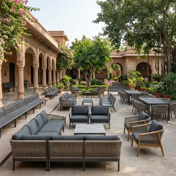 Durable aluminium frame sectional sofas, armchairs, and long benches placed in an ashram courtyard by Dharamshala Furniture Vrindavan suppliers.
